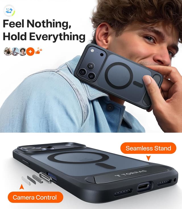 Detalle 2 de TORRAS Strong Magnetic & Seamless Stand Case for iPhone 17 Pro (MagSafe, MIL-STD-810H), Black