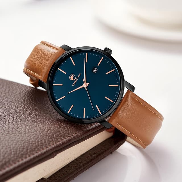 Detalle 2 de CHEETAH Minimalistische Herren-Uhr mit Quarzwerk, Lederarmband und Datumsanzeige (3 ATM)