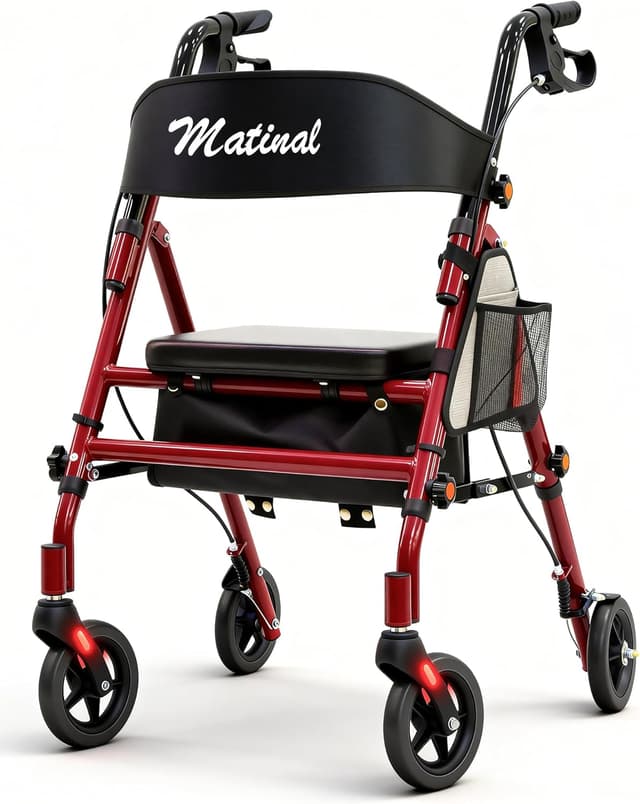 Detalle de Matinal Leichte faltbarer Rollator mit Sitz (Tragkraft 160 kg) – Hybridrahmen aus Aluminium & Kohlenstoffstahl, rot