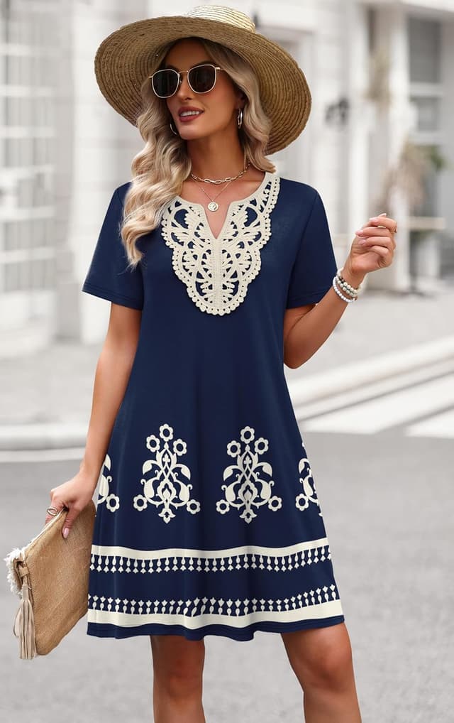 Detalle de WIHOLL Women’s Lace V-Neck T-Shirt Dress for Summer, Wedding Guest & Vacation Wear