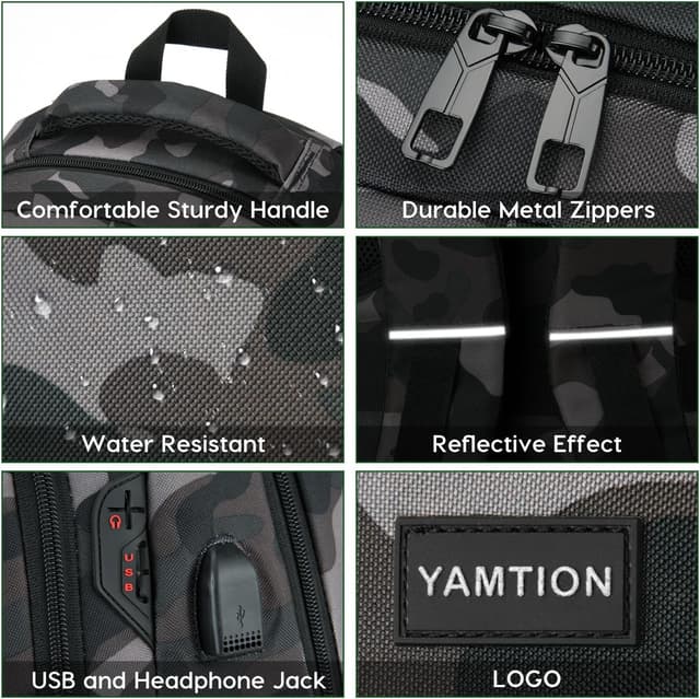 Detalle 2 de YAMTION sac à dos scolaire 17,3" imperméable avec compartiment ordinateur et port USB