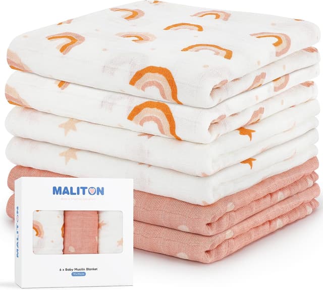 Detalle de Maliton 6er Set Baby-Spucktücher aus Bambus-Baumwoll-Musselin (70x70 cm) – weich, saugfähig & hautfreundlich