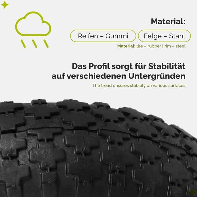 Detalle 2 de Garronda 2er-Set Ersatzrad für Schubkarre 4.80/4.00-8 (Ø 390 mm) Luftreifen mit Achse