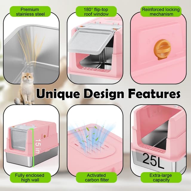 Detalle 2 de SZEE Stainless Steel Cat Litter Tray with Lid (Pink) — Easy-clean covered tray