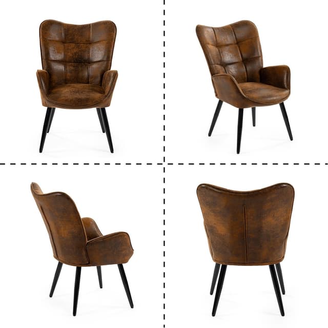 Thumbnail 4 de MEUBLE COSY Poltrona imbottita con braccioli e schienale alto in pelle scamosciata marrone