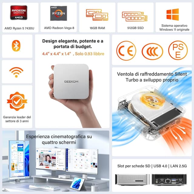 Detalle de GEEKOM A5 Pro mini PC con AMD Ryzen 5 7430U, 16GB RAM e SSD da 512GB, Windows 11