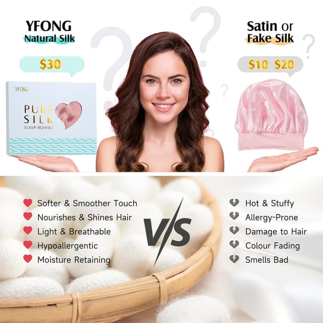 Detalle 2 de YFONG 100% 22 Momme Mulberry Silk Bonnet (Double Layer) — Non-Slip Sleep Cap Turban with Elastic Tie, Pink