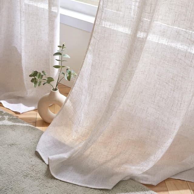 Detalle de Woaboy Leinen Kruz Gardinen (2er-Set) halbtransparent mit Ösen, 140 x 145 cm – Weiß