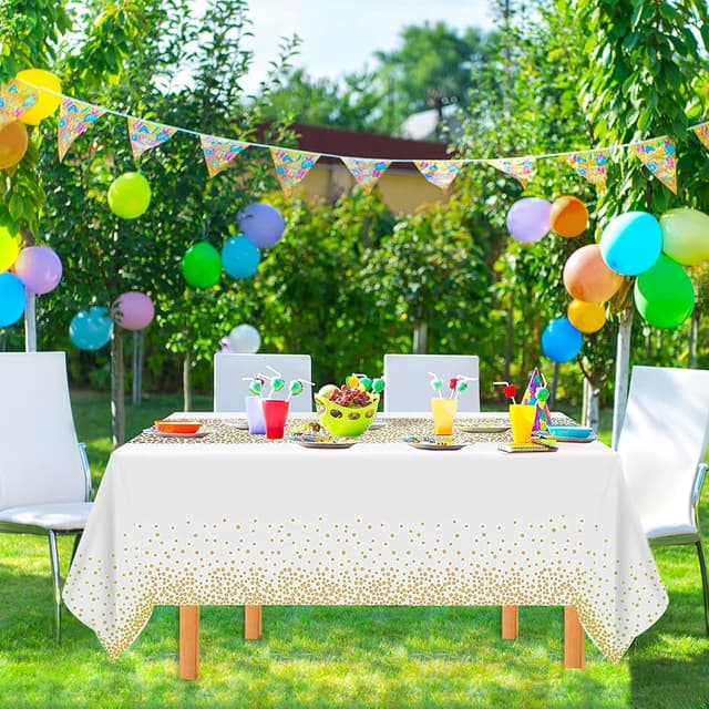 Thumbnail 6 de MOKANI Einweg Tischdecke (4 Stück), wasserdichtes PEVA-Rechtecktischtuch in Gold – 137 x 274 cm