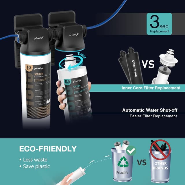 Detalle 2 de Frizzlife DW10F sistema di filtraggio acqua sotto lavello con rubinetto in nichel spazzolato 🚰