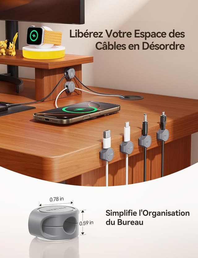 Detalle 2 de FLYLEAD (8 pièces) clips de câble en silicone avec fixation magnétique et adhésif acrylique, gris