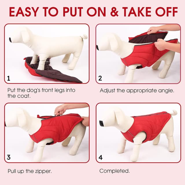 Thumbnail 6 de CITÉTOILE Hundejacke wasserdichter Hundemantel mit reflektierenden Streifen, Wintermantel mit Reißverschluss (Rot, M)