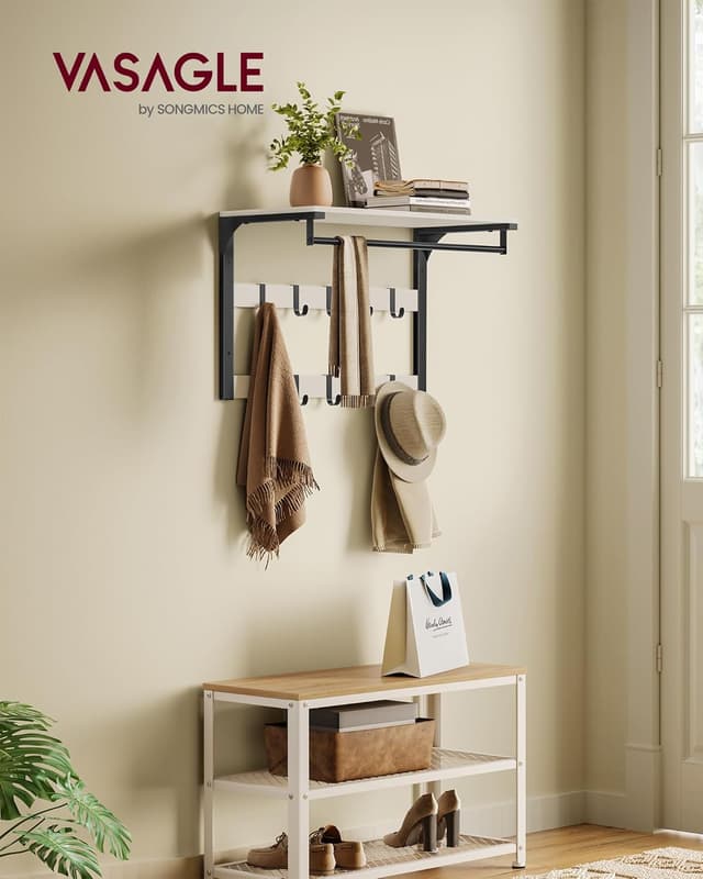 Detalle de VASAGLE Appendiabiti da parete con mensola e 10 ganci rimovibili LCR101W03 (bianco vintage e nero)