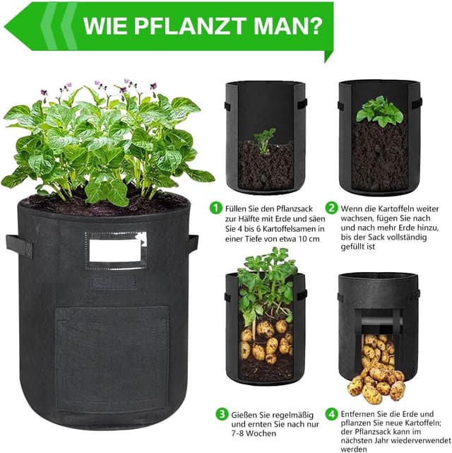 Detalle de Airminti 3er-Set Kartoffel Pflanzsack 38 l (10 Gallonen) inkl. Arbeitsmatte, Pflanzschilder & Erntefenster – Vliesstoff in Schwarz