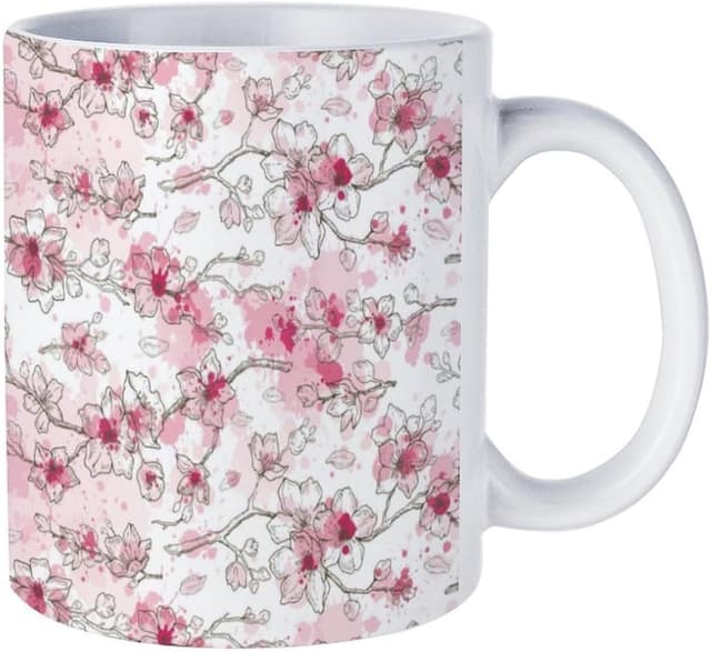 Detalle de 11 oz White Ceramic Mug with Fade-Resistant Almond Blossom Pattern – Dishwasher Safe, Anti-Tip