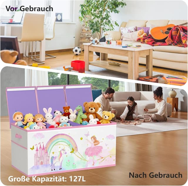 Detalle de Extra Groß Aufbewahrungsbox Spielzeugkiste mit Deckel (faltbar) – Beige & Lila