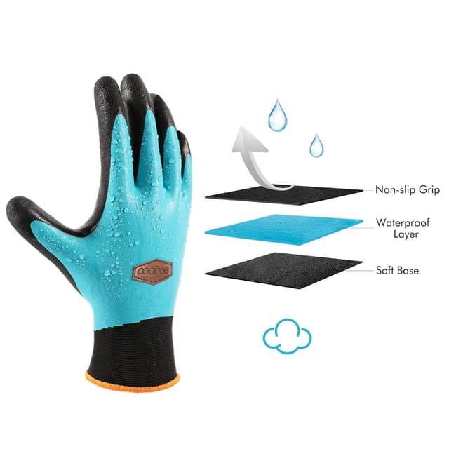 Detalle de COOLJOB wasserdichte Gartenhandschuhe mit Double-Latex-Beschichtung (2 Paar) – Schwarz & Blau