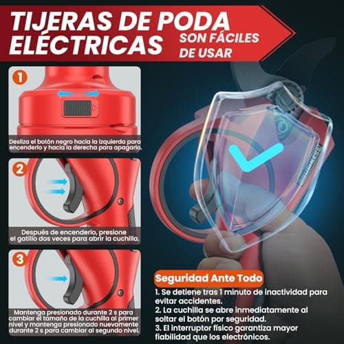 Thumbnail 5 de Tijeras de Podar Eléctricas, 40mm Tijeras de Podar Bateria Hoja SK7, Potentes 800W Motor Sin Escobillas, 2 Baterías 2000mAh 21V, 6-8H de Autonomía, Ligera y Mano Única, para Árboles Frutales,Viñas