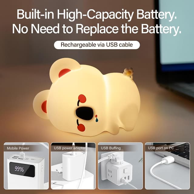Detalle de AmmToo Koala Nachtlicht mit Timer, dimmbar und USB-Ladekabel – Silikon für Kinderzimmer