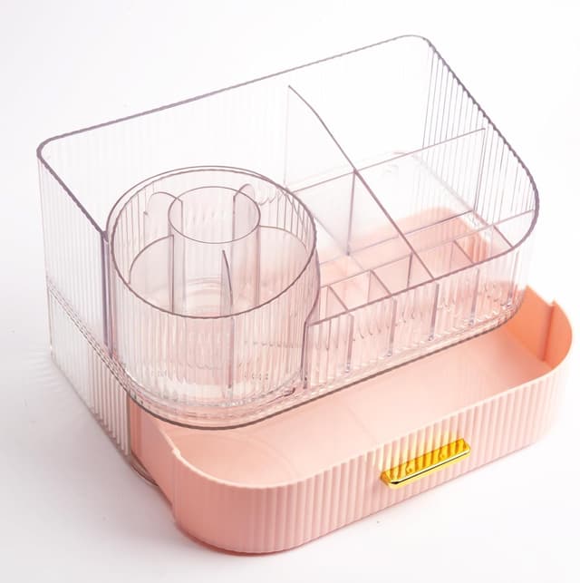 Detalle 2 de STORICANS Makeup Organiser with 360 Rotating Brush Holder and Stackable Drawers (Pink)