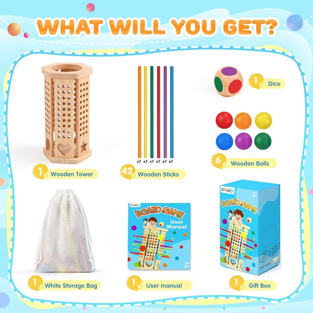 Detalle de Bridokit Montessori Brettspiel aus Holz ab 3 Jahren mit 42 bunten Holzstäbchen (bis zu 6 Spieler)