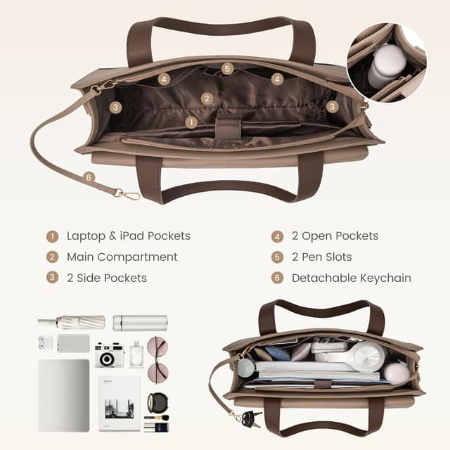 Detalle de LOVEVOOK Laptop Bag for Women (up to 15.6 inch) with Clutch & USB Port – Large PU Leather Tote