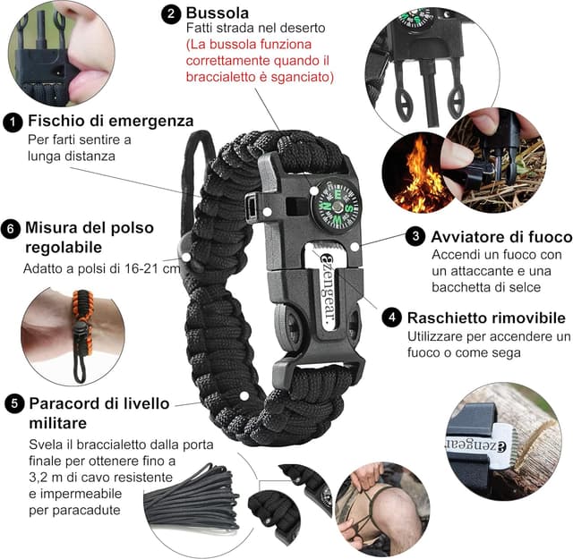 Detalle de Braccialetto Sopravvivenza in Paracord (coppia) con accendifuoco, fischietto e bussola – Kit di emergenza nero e arancione
