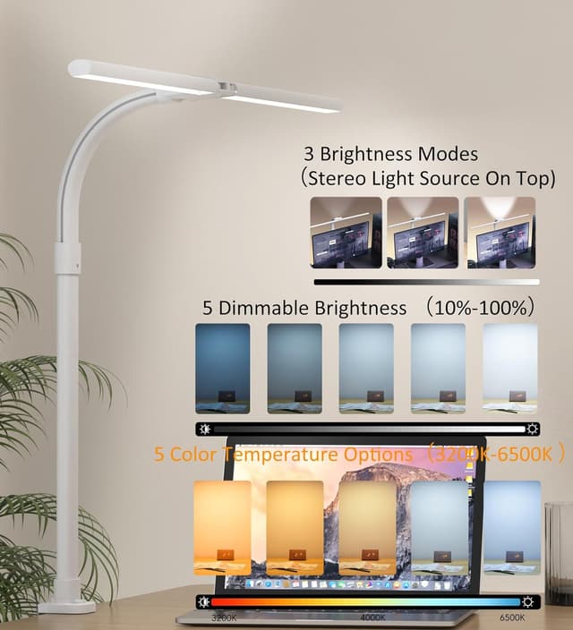 Detalle 1 de LOTTBUTY 24W Double-Head LED Desk Lamp (Clamp, Eye Protection, 25 Modes) – L-White