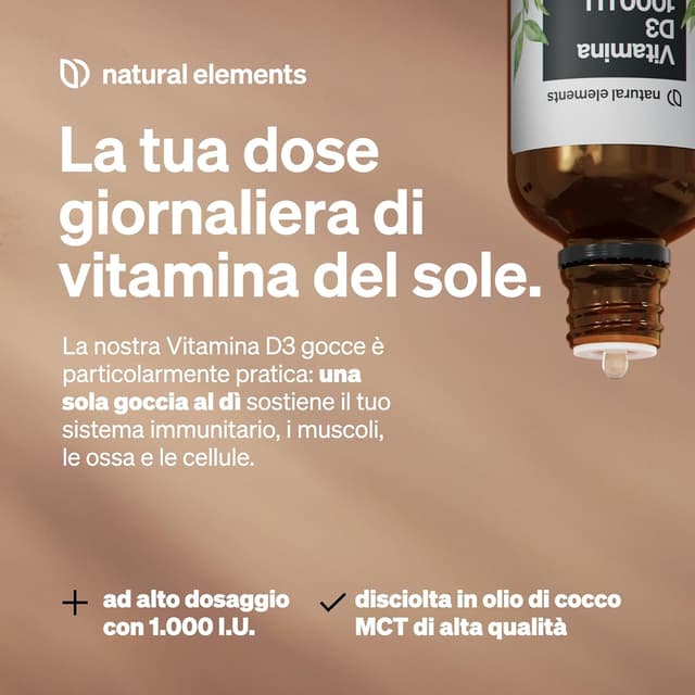 Detalle de Natural Elements Vitamina D3 1000 UI per goccia, 50 ml (1.750 gocce) in olio MCT di cocco