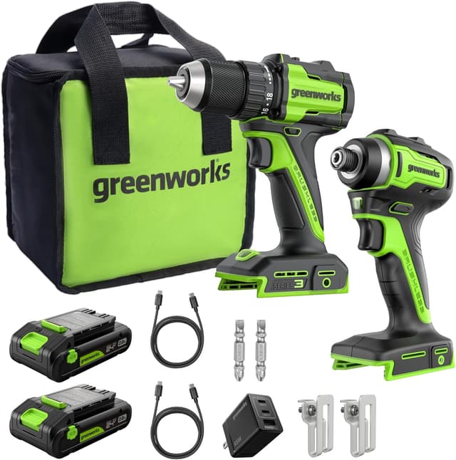 Detalle de Greenworks 24V Combo trapano avvitatore 45 Nm + avvitatore a impulsi 220 Nm Brushless CK321 con 2 batterie USB‑C 2.0Ah
