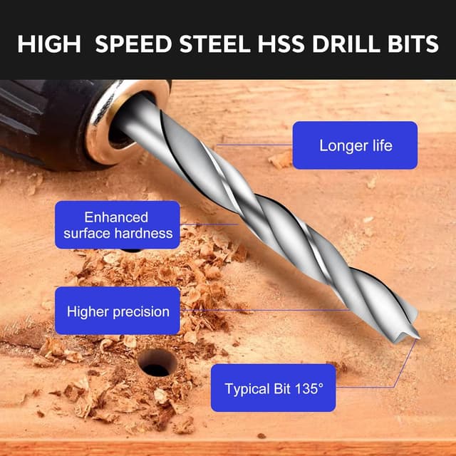 Detalle de Lot de 25 forets pour bois Mtchavno HSS hélicoïdal 1 à 13 mm, pointe 135° (kit avec étui)