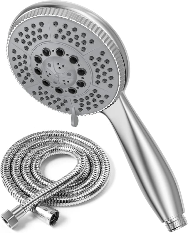 Detalle de Vinabo Duschbrause mit Schlauch (Sparduschkopf, 5 Strahlarten) inkl. 1,5 m Edelstahl-Duschschlauch, G1/2