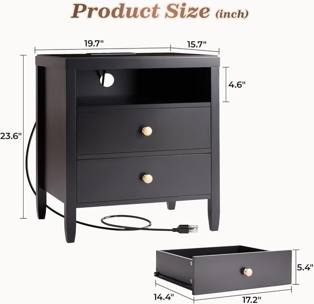Detalle 2 de Huuger Black Nightstand Set of 2 Charging