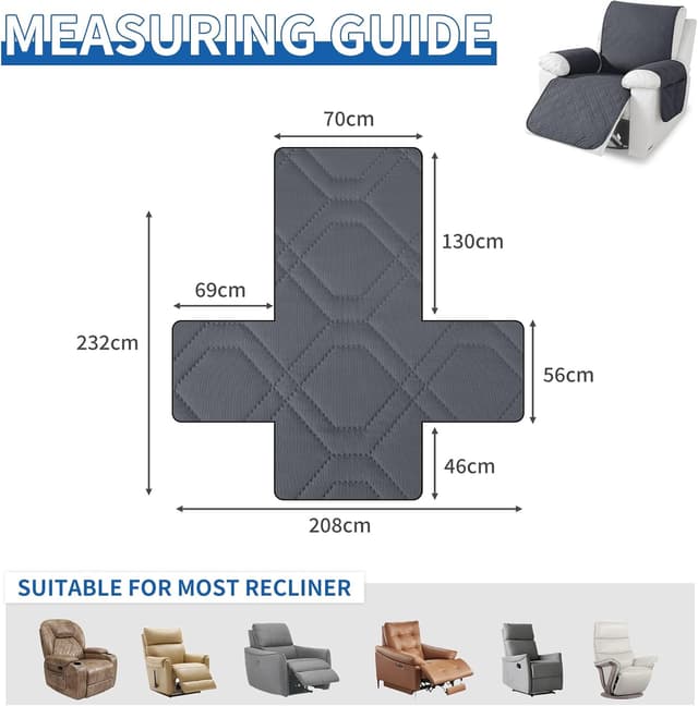 Detalle de YSTELLAA Copripoltrona Relax Reclinabile Grande da 1 posto impermeabile grigio scuro con braccioli (rimovibili)