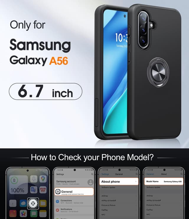 Detalle 2 de AOUIA case for Samsung Galaxy A56 5G (Black) with 2-pack screen protectors and 360° ring kickstand