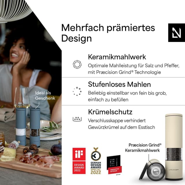 Detalle 2 de LARS NYSØM Salz- und Pfeffermühle Set „Lagom“ (2-teilig) manuell mit einstellbarem Keramikmahlwerk – Edelstahl, Almond Beige