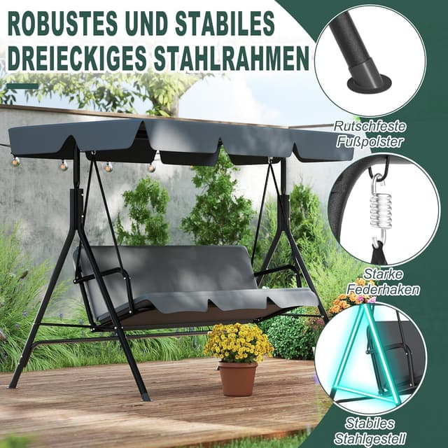 Detalle 2 de UISEBRT Hollywoodschaukel für 3 Personen mit verstellbarem Sonnendach – belastbar bis 200 kg, wetterfest (Grau)