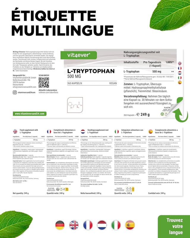 Thumbnail 5 de L-tryptophane 500 mg 365 gĂ©lules đ