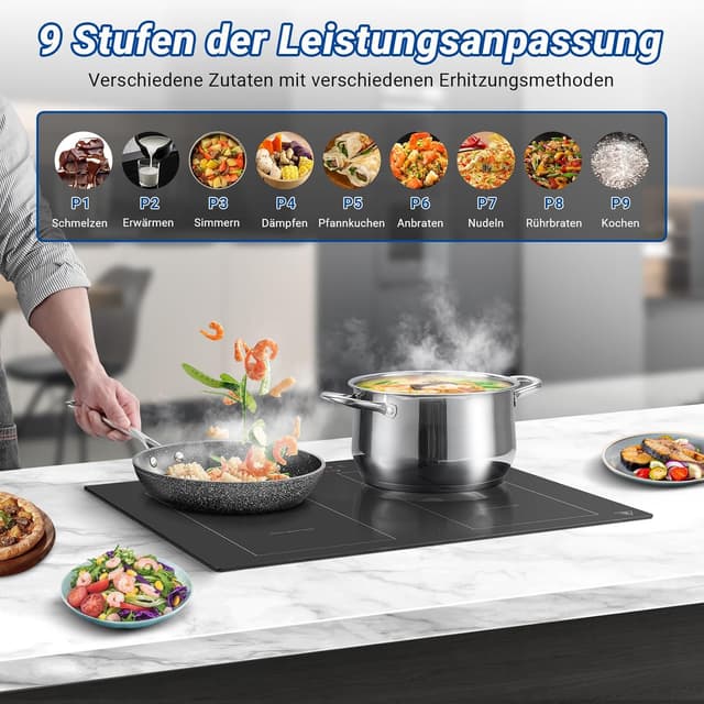 Detalle 2 de AMZCHEF Induktionskochfeld 60 cm mit Zwei Flexzonen, 4 Zonen & Boost, Touch-Bedienung