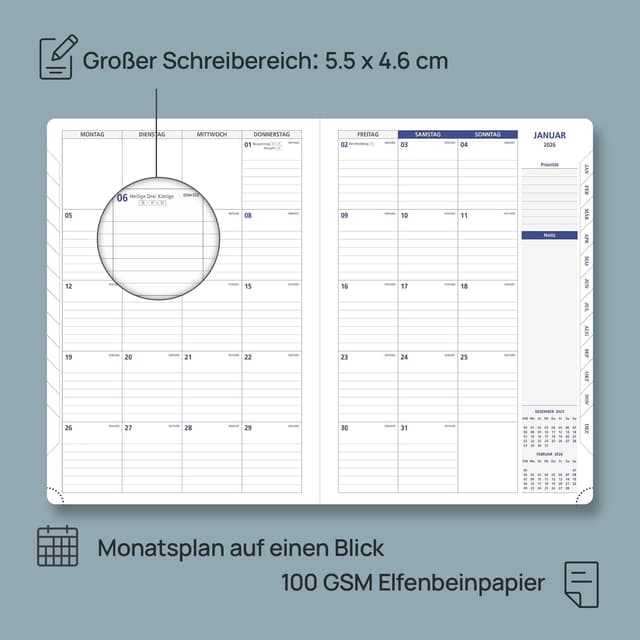 Detalle 2 de POPRUN Terminplaner 2026 A4 auf Deutsch - Wochenplaner mit 15-Minuten-Taktung & Monatsregister. Kalender 2026 Buchkalender mit PU-Leder Softcover - Braun
POPRUN Terminplaner 2026 A4 auf Deutsch - Wochen…
