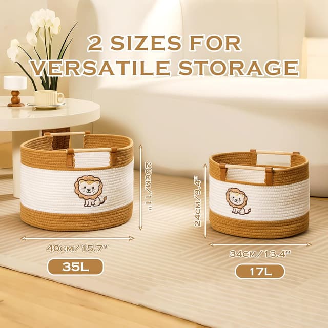 Detalle de Tidelit Baumwollseilkörbe für Kinder – gewebter Spielzeugkorb mit Holzgriffen, 17 l