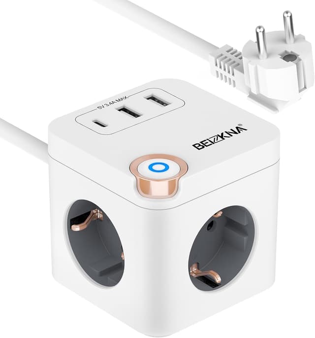 Detalle de Beizkna Steckdosenwürfel mit USB-C: 3-fach Mehrfachsteckdose mit Überspannungsschutz, Schalter und 1,5 m Kabel