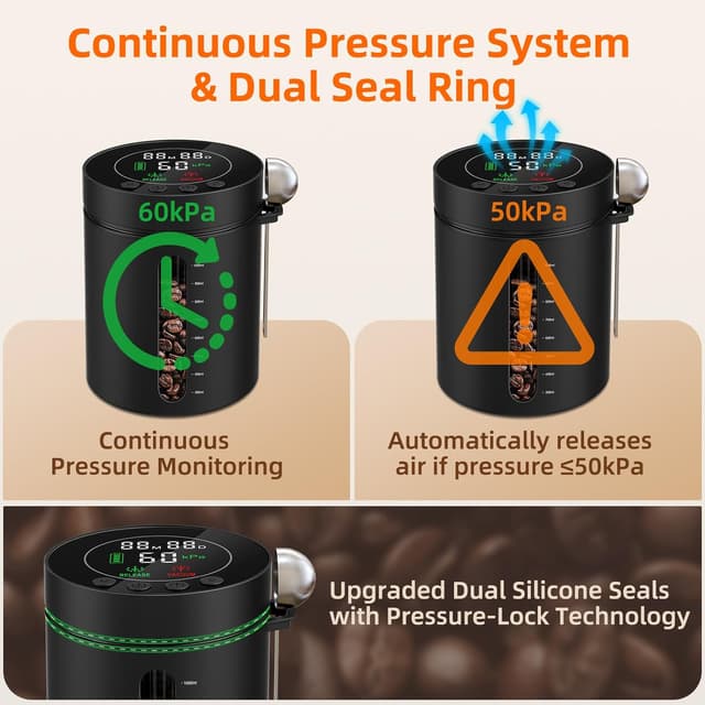 Detalle de Automatic Vacuum Coffee Canister (1.3L) with Smart Pressure Sensor, LED Window & Rechargeable Battery