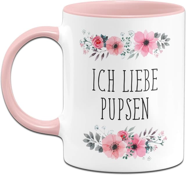 Detalle 2 de Tassenbrennerei Tasse mit Spruch „Ich Liebe Pupsen“ – rosa Bürotasse mit 330 ml, beidseitig bedruckt