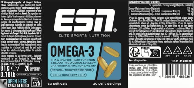 Detalle de ESN Omega-3 – hochdosiertes Fischöl mit 1200 mg EPA & 900 mg DHA, 60 Kapseln