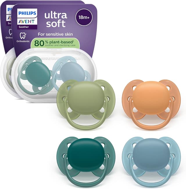 Detalle de Philips Avent Ultra Soft Soothers (SCF093/08) – Orthodontic design for 18+ months, 4-pack with 2 sterilising cases