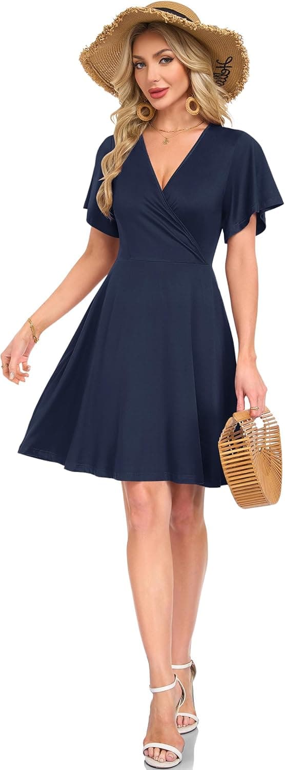 Detalle de AUSELILY Lady Wrap Ruffle Summer Dress (Floral V Neck, Cross-Front) for women