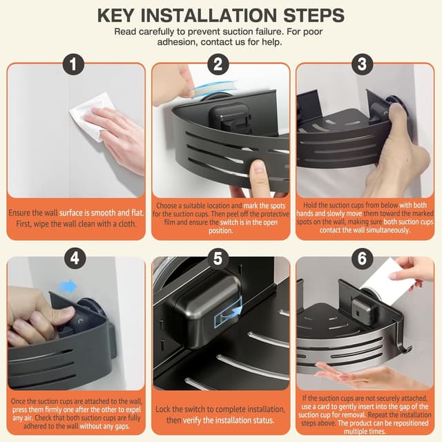 Detalle 2 de Lekesky Corner Shower Caddy Suction Cup (Aluminium) with Hooks, No-Drill Corner Shelf, Gunmetal Grey, 2-Pack