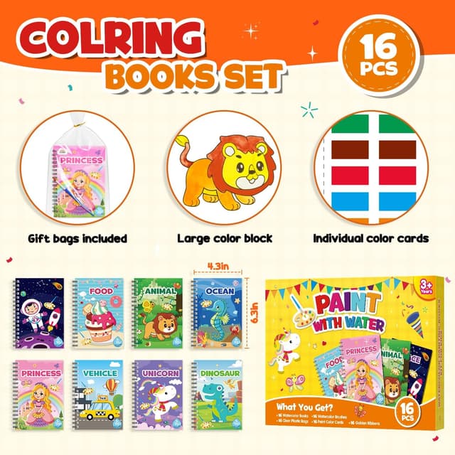 Detalle de LIKYMO Water Colouring Books (16 mini books) for kids aged 4–9 – party bag fillers and travel water painting fun