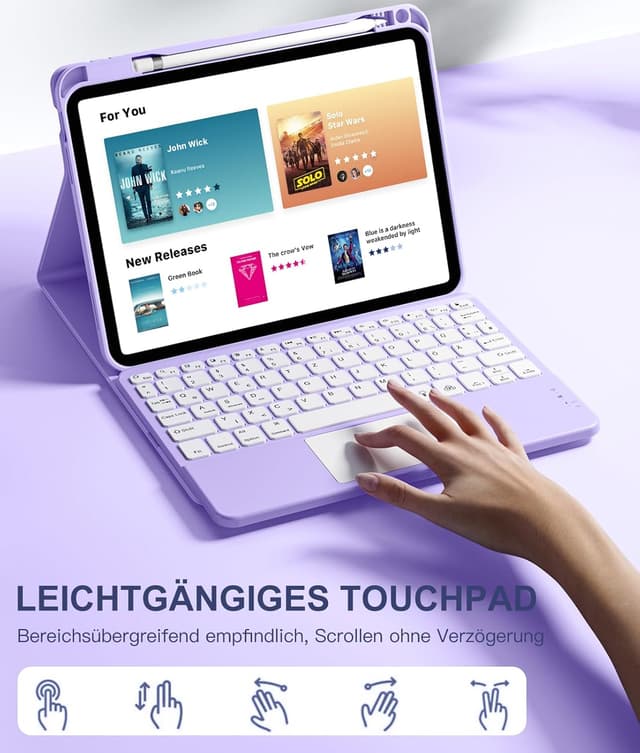 Detalle de Vobafe Touchpad-Hülle mit abnehmbarer Tastatur für iPad A16 (11 / 10,9 Zoll, 2022/2025) – Lavendel